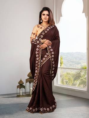 Brown Embroidered Silk Blend Saree With Blouse 2