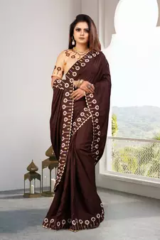 Brown Embroidered Silk Blend Saree With Blouse