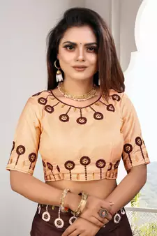 Brown Embroidered Silk Blend Saree With Blouse