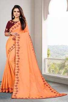 Light Peach Embroidered Silk Blend Saree With Blouse