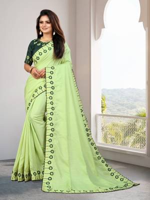 Parrot Green Embroidered Silk Blend Saree With Blouse 1