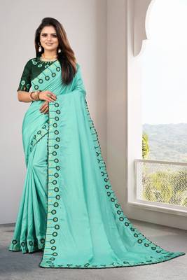 Turquoise Embroidered Silk Blend Saree With Blouse 1