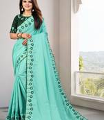 Turquoise Embroidered Silk Blend Saree With Blouse