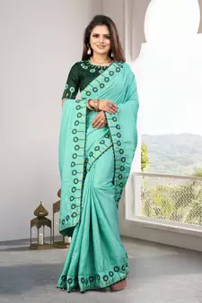 Turquoise Embroidered Silk Blend Saree With Blouse