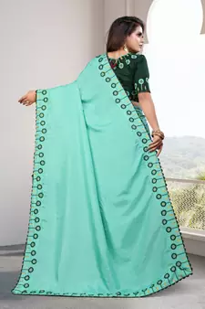 Turquoise Embroidered Silk Blend Saree With Blouse