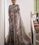 Grey printed tussar silk saree with blouse