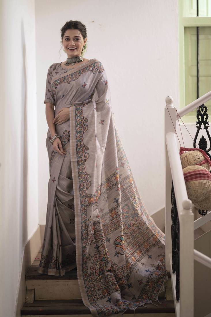 Grey printed tussar silk saree with blouse
