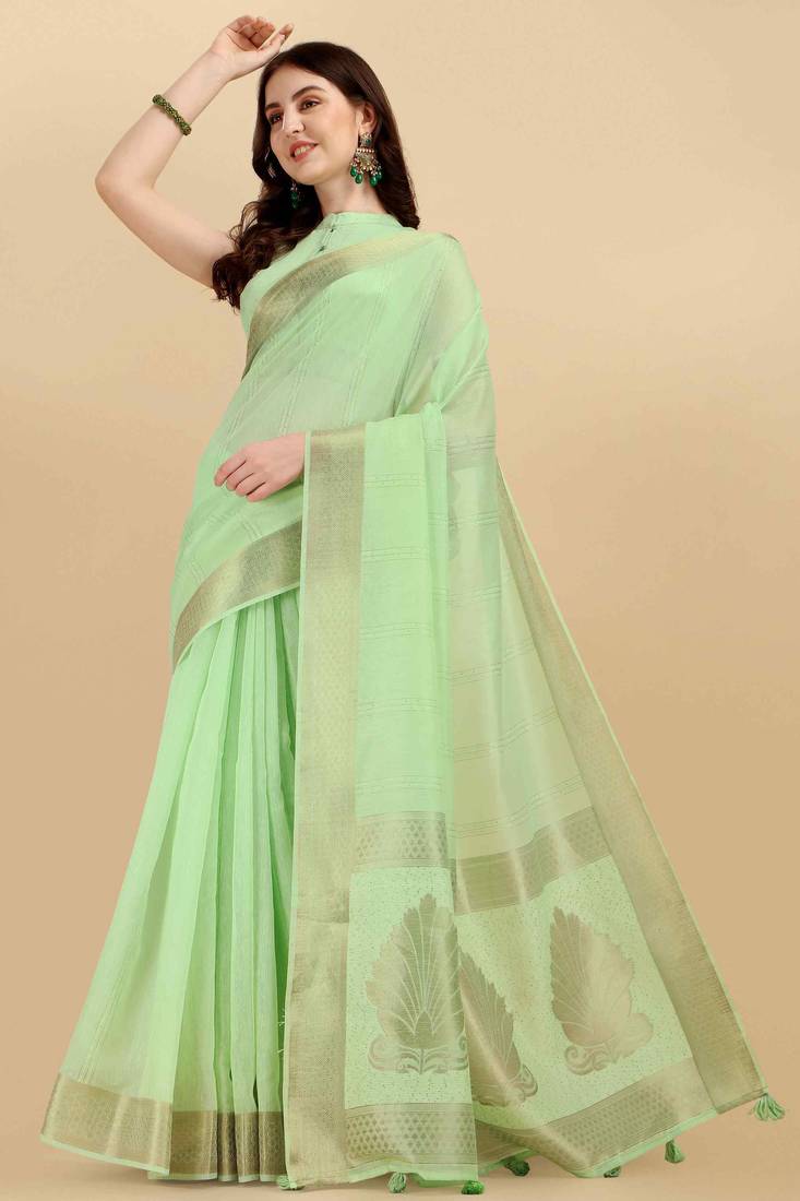 Light green woven cotton silk saree with blouse
