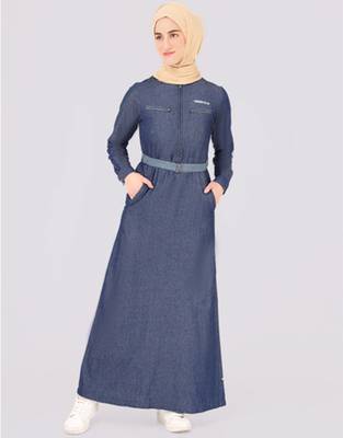 	Crisp Blue Mock Flap Belted Jilbab | Silk Route | Length 60 3