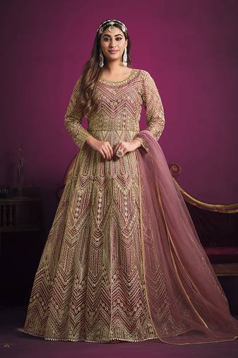 Light-pink embroidered net salwar kameez