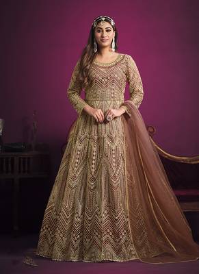 Peach embroidered net salwar kameez 1