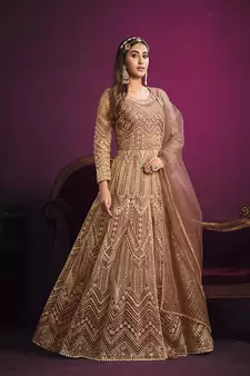 Peach embroidered net salwar kameez