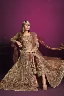 Peach embroidered net salwar kameez