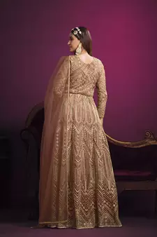 Peach embroidered net salwar kameez