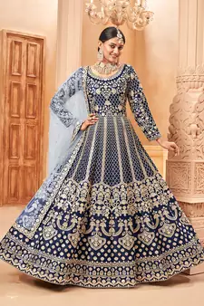 Navy-blue embroidered art silk blend salwar kameez