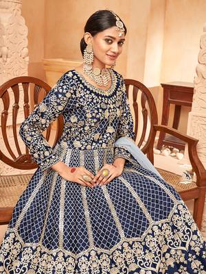 Navy-blue embroidered art silk blend salwar kameez 3