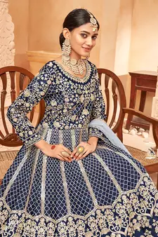 Navy-blue embroidered art silk blend salwar kameez