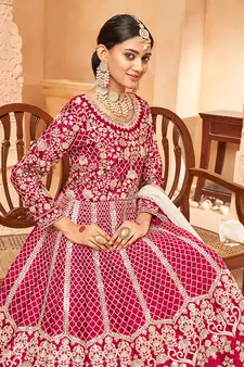 Rani-pink embroidered art silk blend salwar kameez