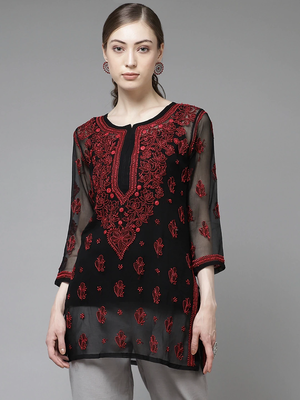 Hand Crafted Black & Red Georgette Lucknowi Chikankari Indian Women Short Kurti With Slip 1