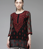Hand Crafted Black & Red Georgette Lucknowi Chikankari Indian Women Short Kurti With Slip