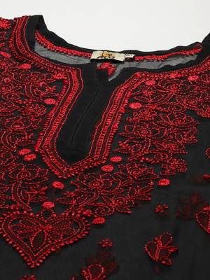 Hand Crafted Black & Red Georgette Lucknowi Chikankari Indian Women Short Kurti With Slip 2