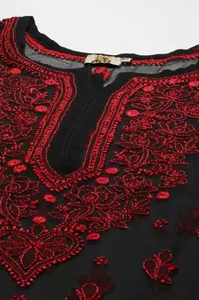 Hand Crafted Black & Red Georgette Lucknowi Chikankari Indian Women Short Kurti With Slip