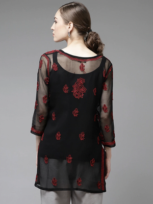 Hand Crafted Black & Red Georgette Lucknowi Chikankari Indian Women Short Kurti With Slip 3