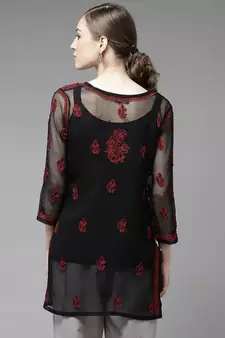 Hand Crafted Black & Red Georgette Lucknowi Chikankari Indian Women Short Kurti With Slip