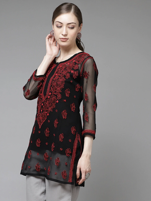 Hand Crafted Black & Red Georgette Lucknowi Chikankari Indian Women Short Kurti With Slip 4
