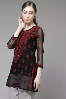 Hand Crafted Black & Red Georgette Lucknowi Chikankari Indian Women Short Kurti With Slip