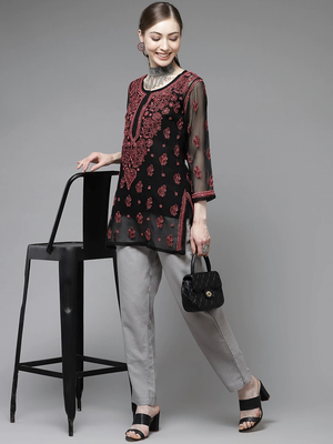 Hand Crafted Black & Red Georgette Lucknowi Chikankari Indian Women Short Kurti With Slip 5