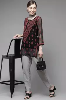 Hand Crafted Black & Red Georgette Lucknowi Chikankari Indian Women Short Kurti With Slip