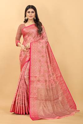Beautiful Hot Pink Shine Kanjivaram Wedding Saree With Blouse 1