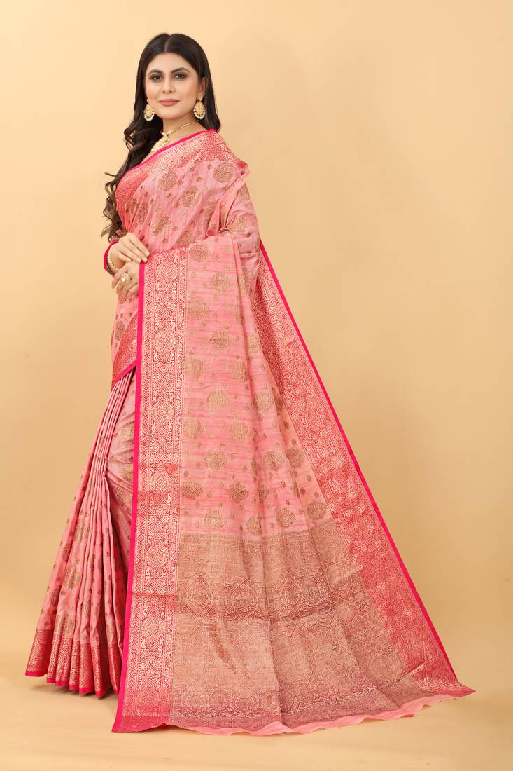 Beautiful Hot Pink Shine Kanjivaram Wedding Saree With Blouse