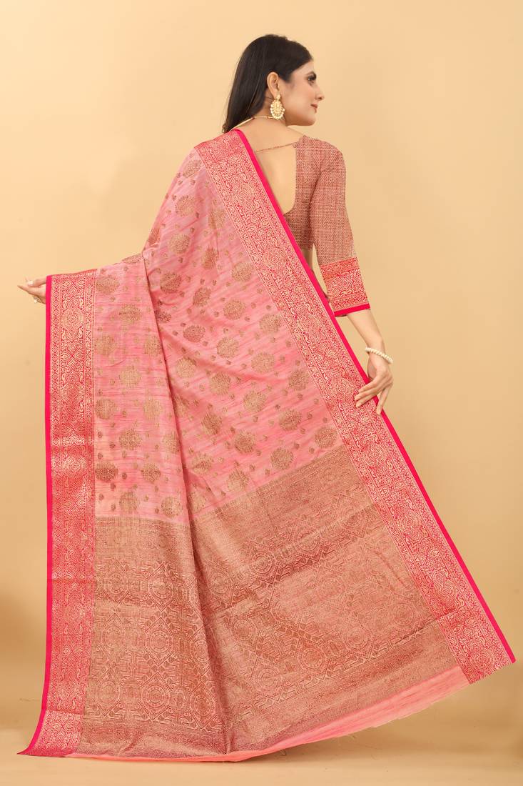 Beautiful Hot Pink Shine Kanjivaram Wedding Saree With Blouse