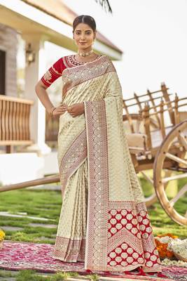 White woven wedding Banarasi silk blend saree with blouse - Banarasi-sarees 1