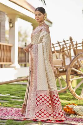 White woven wedding Banarasi silk blend saree with blouse - Banarasi-sarees 2