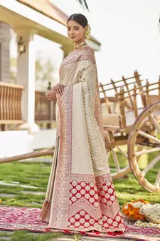 White woven wedding Banarasi silk blend saree with blouse - Banarasi-sarees