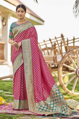 Pink woven Banarasi silk blend saree with blouse 1