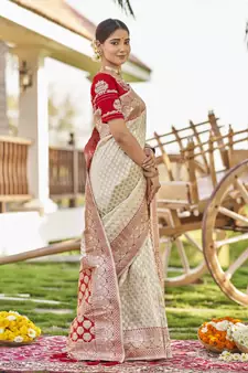 White woven wedding Banarasi silk blend saree with blouse - Banarasi-sarees