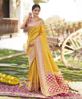 Yellow woven Banarasi silk blend saree with blouse 1