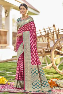 Pink woven Banarasi silk blend saree with blouse 2