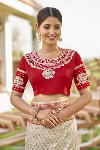 White woven wedding Banarasi silk blend saree with blouse - Banarasi-sarees