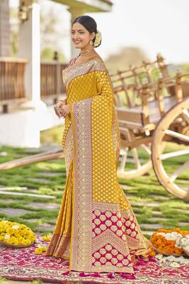 Yellow woven Banarasi silk blend saree with blouse 2
