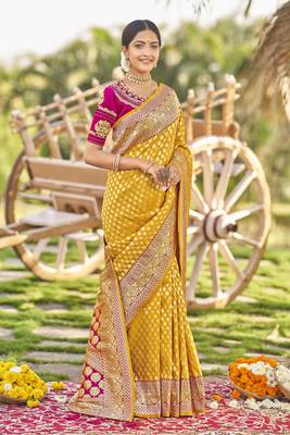 Yellow woven Banarasi silk blend saree with blouse 3