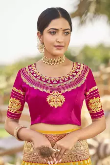 Yellow woven Banarasi silk blend saree with blouse