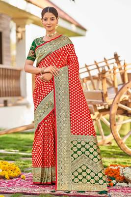 Red woven Banarasi silk blend saree with blouse 1