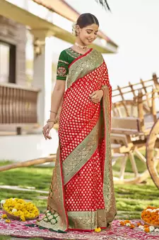 Red woven Banarasi silk blend saree with blouse