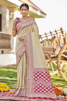 White woven Banarasi silk blend saree with blouse