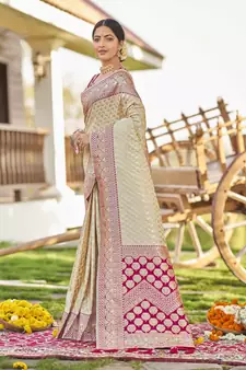 White woven Banarasi silk blend saree with blouse